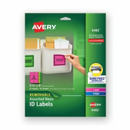 AVERY DENNISON Avery, HIGH-VIS REMOVABLE LASER/INKJET ID LABELS W/ SURE FEED, 3 1/3 X 4, NEON, 72PK 6482